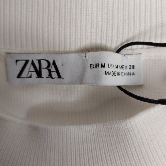 Zara Womens Top Medium Ribbed Short Sleeve Embroidered Flower Sleeves Ivory - Picture 11 of 16